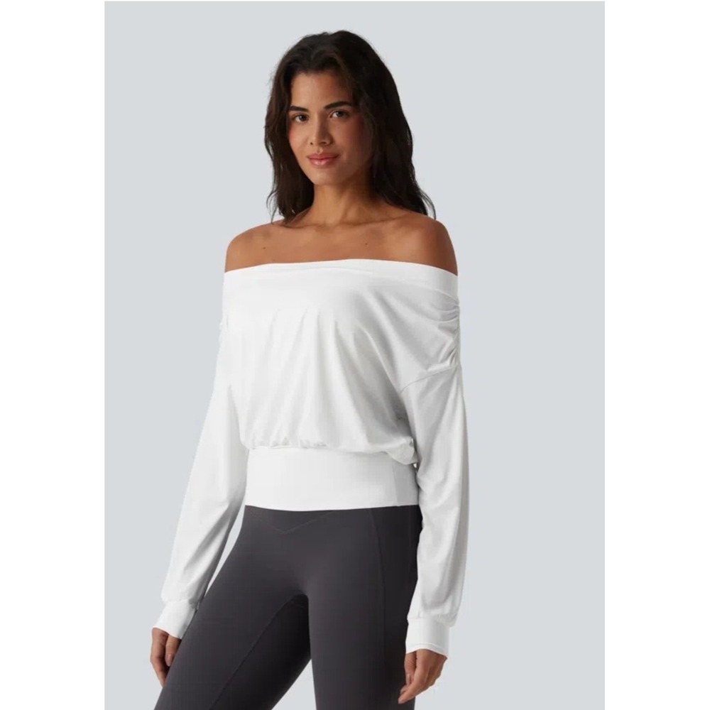 Halara White Off The Shoulder Balletcore Top Long Sleeve Size M Yoga Pilates NWT